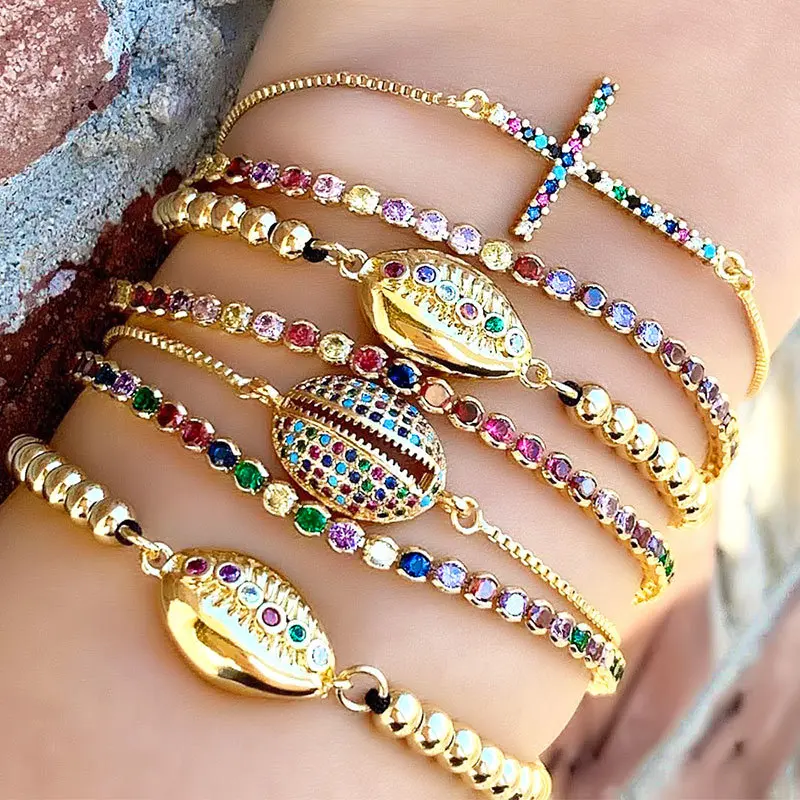 

Fashion Luxury AAA Colorful CZ Puka Shell Bracelet Rainbow Tenni Cross Charms Bracelets for Women Girl Gold Color Jewelry