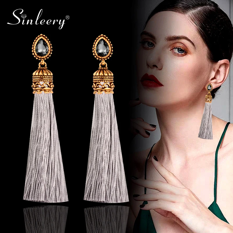 

SINLEERY 11 Colors Bohemian Long Tassel Drop Earrings Teardrop Cubic Zirconia Women Vintage Ethnic Jewelry ES155 SSI