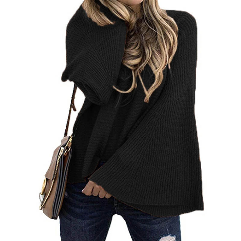 Women Solid Flare Sleeve Knitted Sweater Top 2020 Autumn Winter Fashion Female Pullover Sweaters Ladies Loose Casual Knitwear | Женская