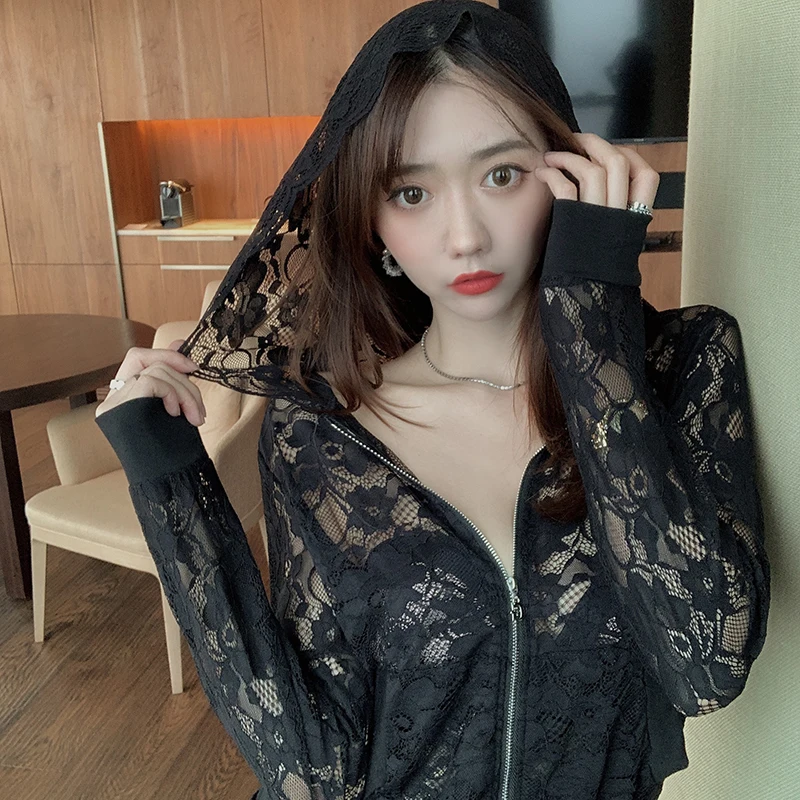 Summer Hooded Zip Cardigan Women Flower Floral Lace Cropped Jacket Ladies Sheer Transparent Thin Sunproof Tops |