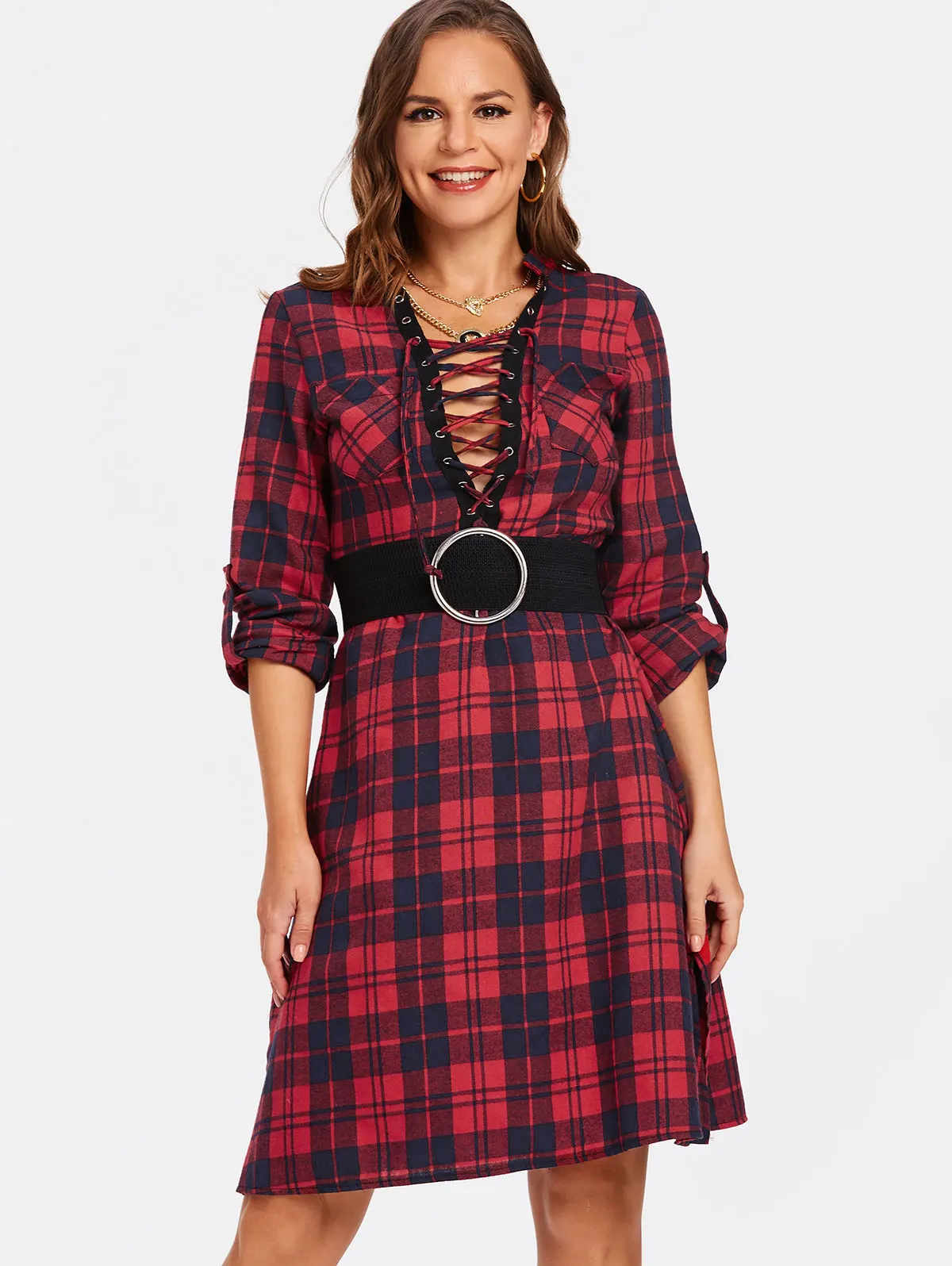 

Wipalo Plaid Lace Up Plunging Neck Dress Sashes Red Women T Shirts Draw Back Long Sleeve Autumn Casual Long Top Streetwear