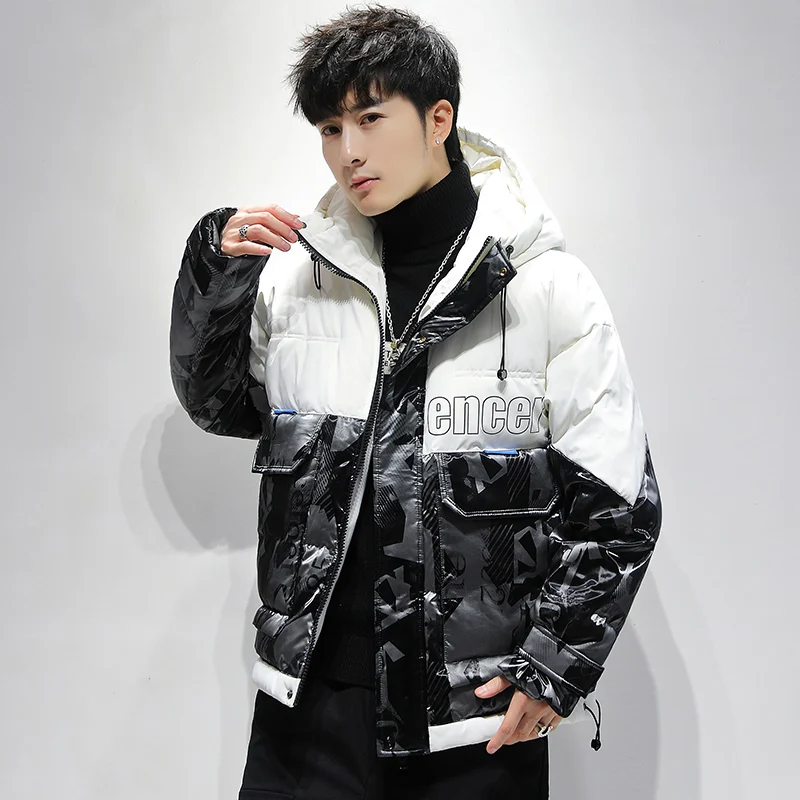 New Casual Winter Mens Bright Hooded Cotton-Padded Jackets Outwear Waterproof Parkas Large Size Down Coats Hip Hop Tops Clothing