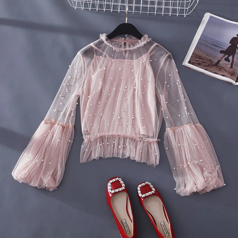 

Lolita Lace Shirt Slim Lolitas Mesh Pearl Bubble Long Sleeve Women's Japanese Loli Top Feminine Anime Sweet Girls Kawaii Shirts