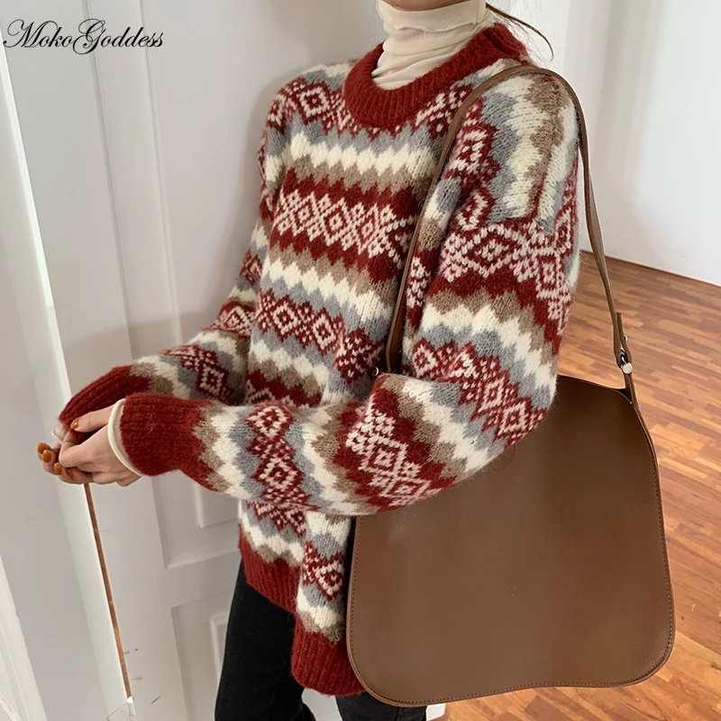 

Винтажный вязаный свитер, Женский Повседневный Уродливый Рождественский свитер, свободные плотные пуловеры, шикарная Женская одежда в Кор...