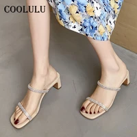 coolulu women shoes high heel slides crysral block heel slippers square toe sandals fashion female footwear summer black size 43