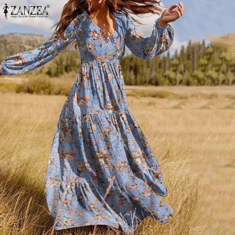 

Oversized Women Bohemian Printed Dress ZANZEA 2021 Autumn Puff Sleeve Ruffle Maxi Vestidos Dress Casual Holiday Party Robe Femme