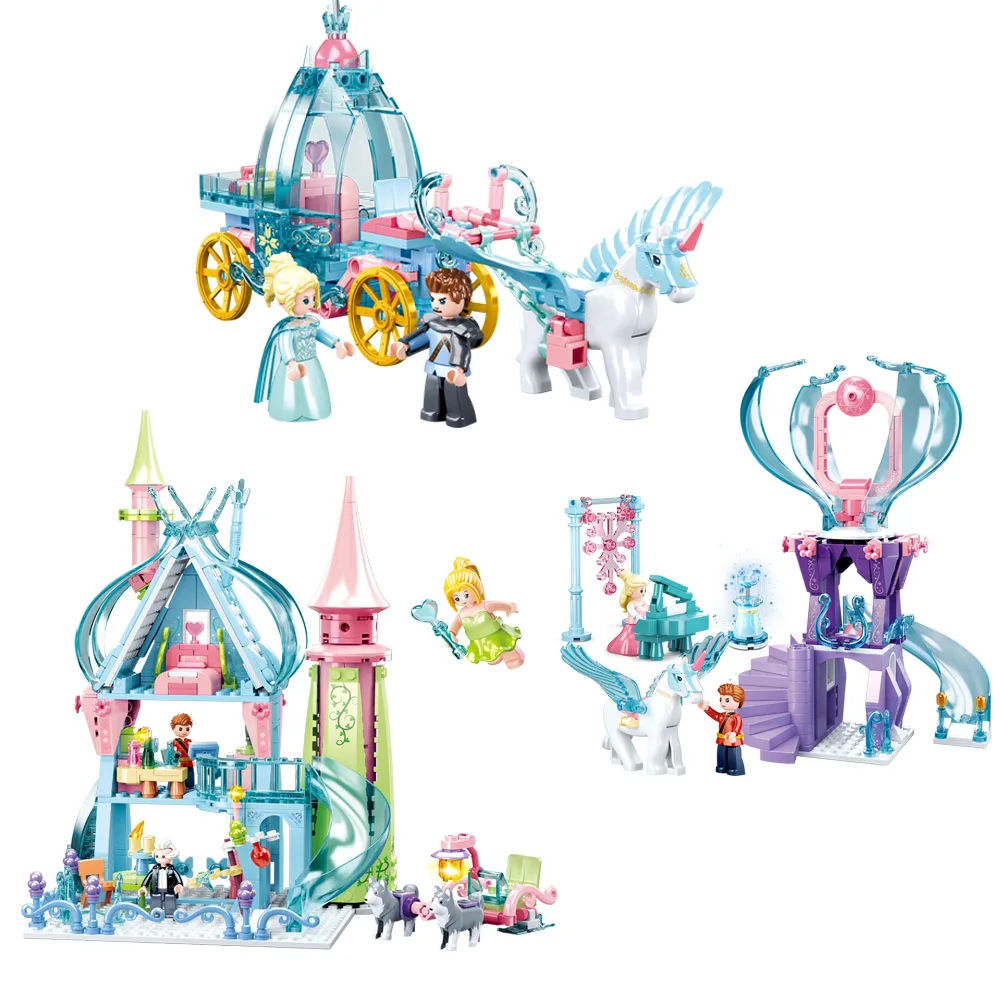 

Pink Dream Series Bricks Ice And Snow Fairy Tale Castle Carriage Forest Magic Tower Building Block Set Model Girl Kids Toys Gift