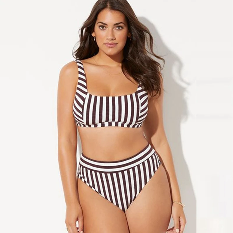 

Бикини женское, с высокой талией, в полоску, с эффектом пуш-ап, большие размеры, размера плюс