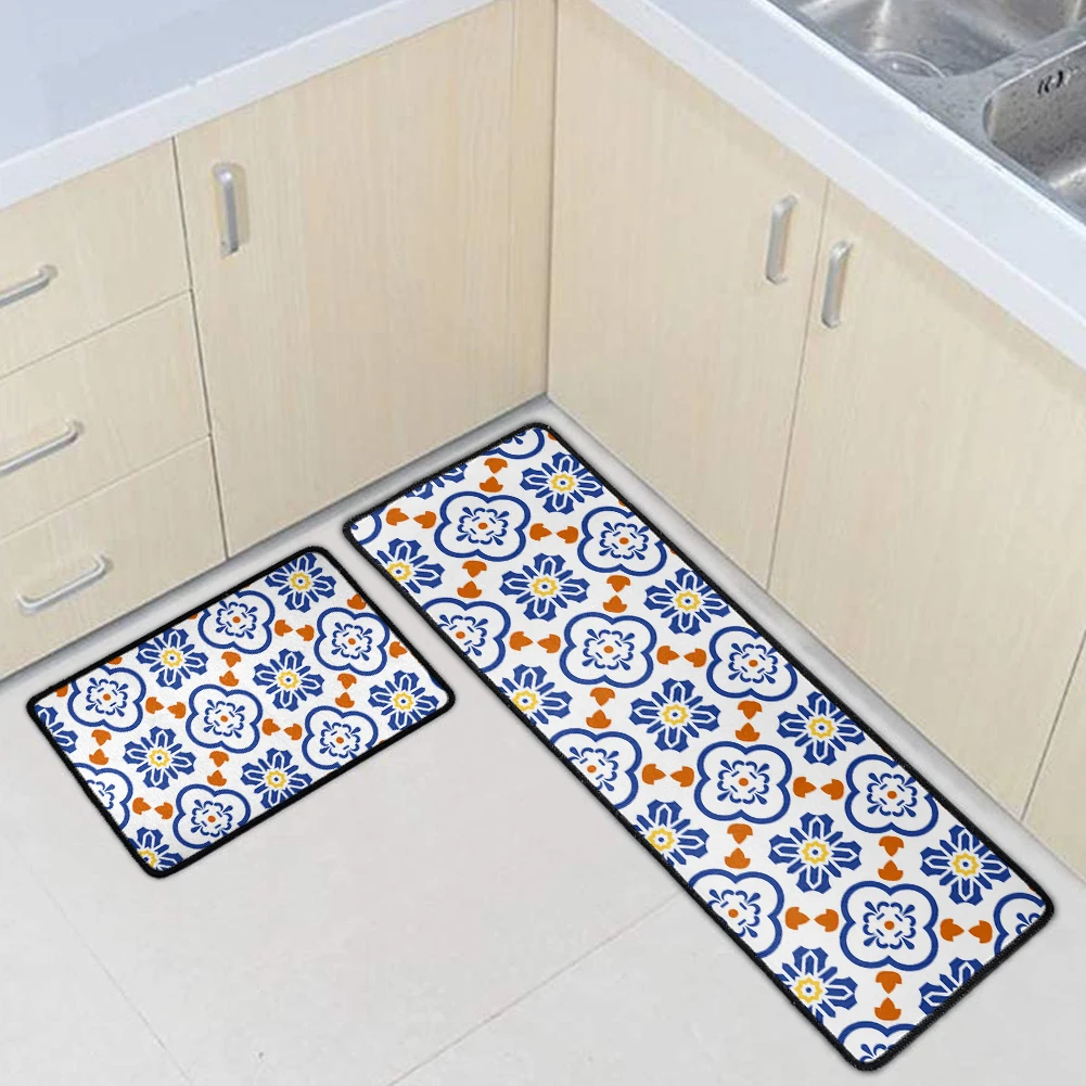 

Входной коврик, напольный коврик, кухонный ковер с синим узором в средиземноморском стиле, длинный нескользящий напольный коврик для гости...