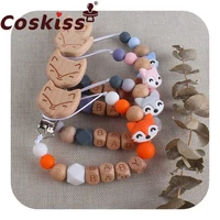 coskiss personalized name diy wooden pacifier chain cartoon fox silicone bead teether chew toy pacifier clips holder chain