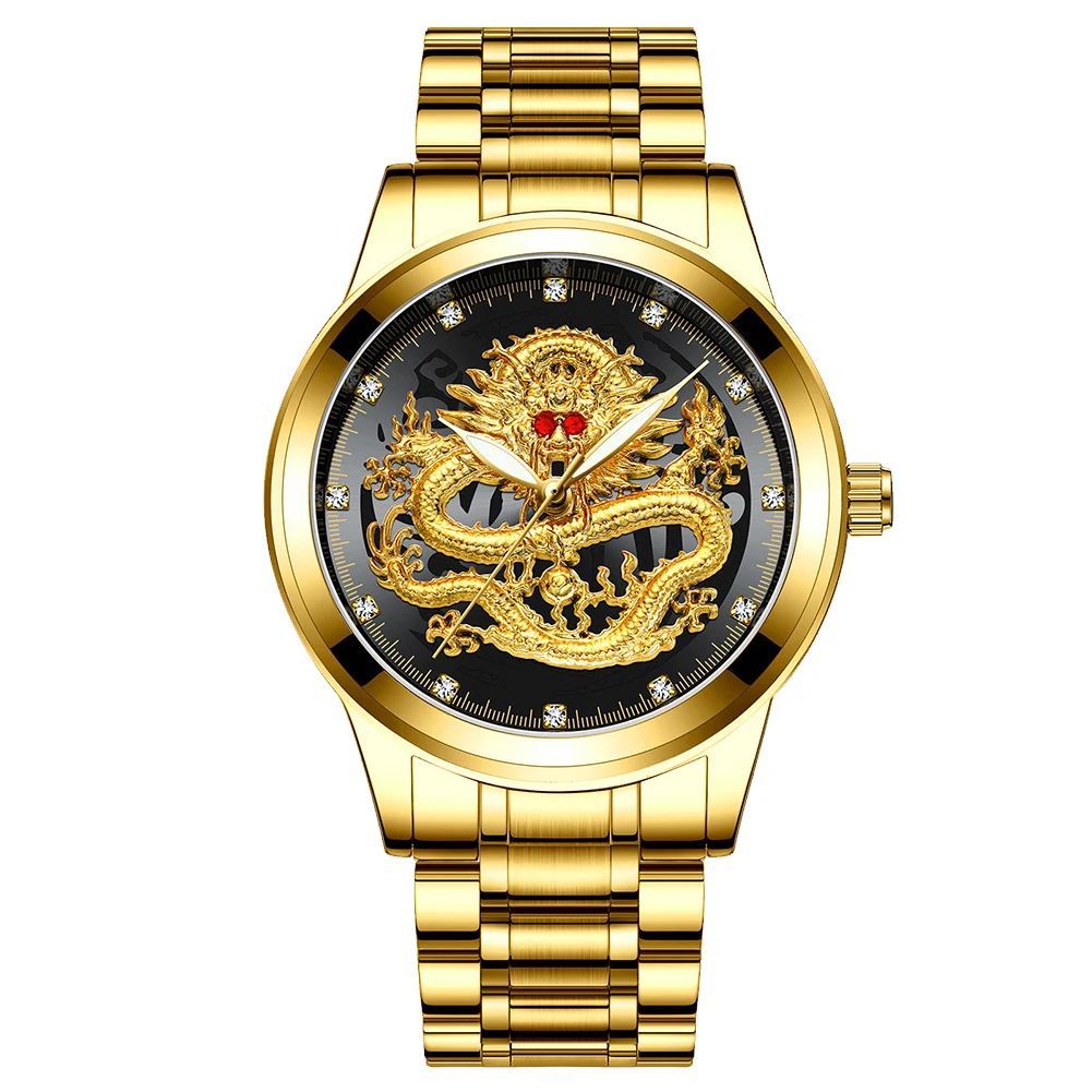 

Gold Dragon Stainless Steel Calendar Sculpture Luxury Luminous Clock Waterproof Round Dial Fashion Men Watch Analog Wrist Quartz