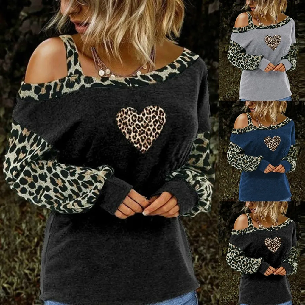 

Fashion Leopard Blouse Shirt Sexy Off Shoulder Tops Casual Autumn Winter Tops Ladies Female Women Long Sleeve Blusas Pullover