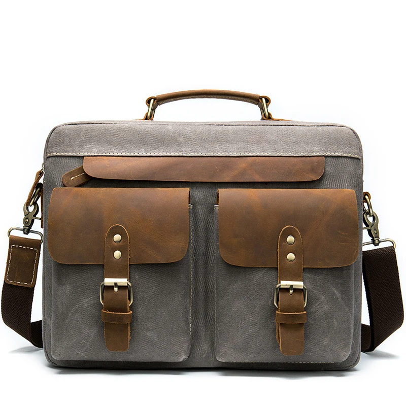 

2022 Winter Men Vintage Handbags Genuine Leather with Canvas Male Briefcase Business Tote Bags 14 Inch Computer Man Shoulder Bag