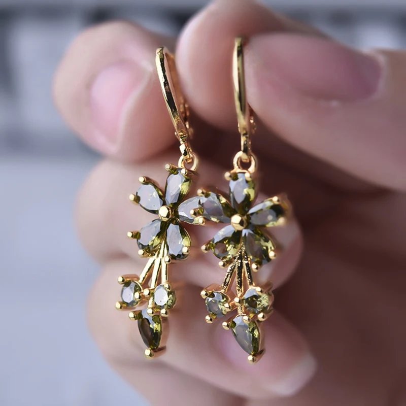

Birthday Christmas Party Gift Bijouterie New Gold Yellow Color Filled Women Elegant Crystal Flower Zircon Earrings