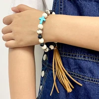 2021 handmade boho stretch mixed natural stone beads turquoise cross macrame bracelet with leather tassel for women jewelry gift