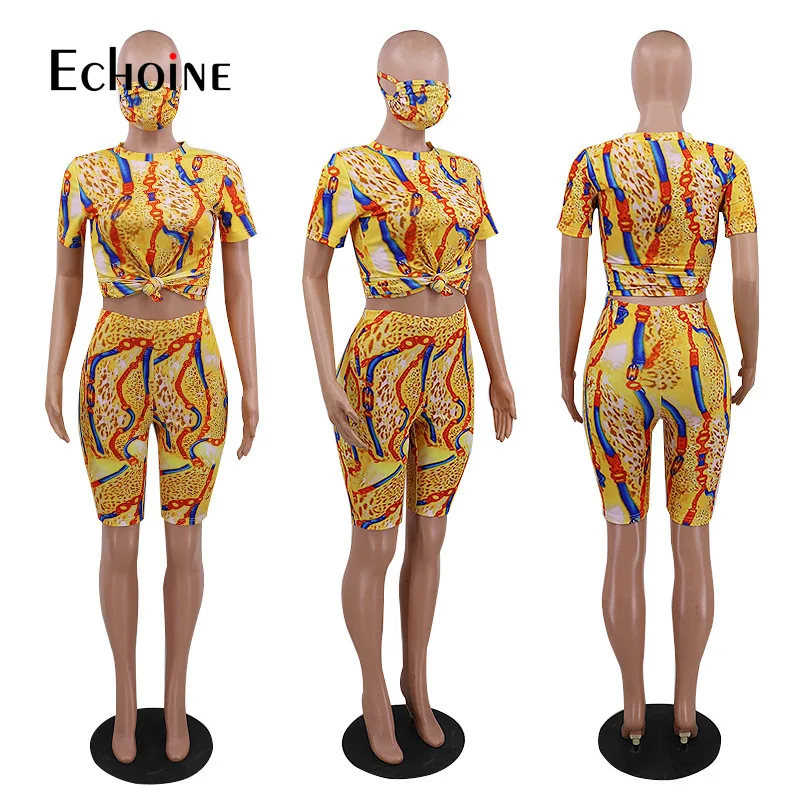 

Echoine summer tie-dye striped print with mask two piece set women o-neck t-shirt knee length pants suit sports tracksuit outfit