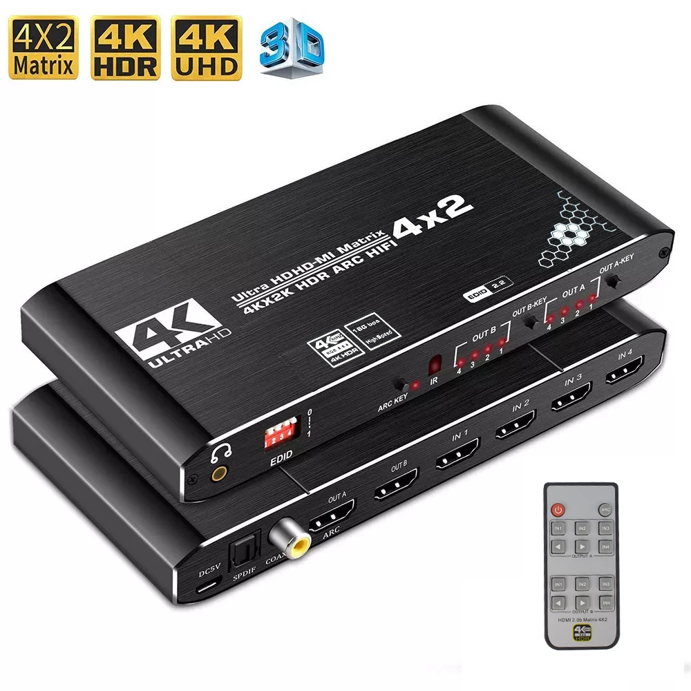KuWFi HDMI 2 0 матрица 4x2 4K60Hz переключатель сплиттер HDCP2.2 EDID 4K x 2K HDR ARC HIFI SPDIF COAX 3 5 мм