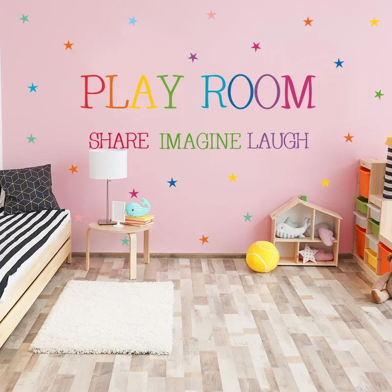 

Colored English DIY Wall Sticker Play Room Share Imagine Laugh Wallpaper Motto Art Decal Living Room Bedroom Mural Home Decor