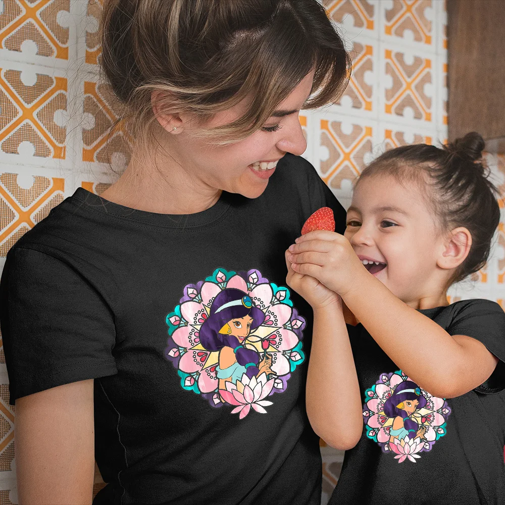 

Summer Children's Girl Clothing Harajuku Fashion Woman T Shirt European American Short-Sleeved Tops Disney Princess Family Look
