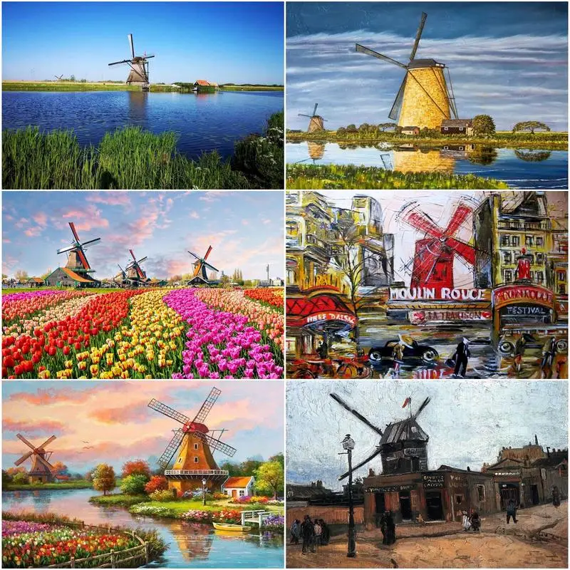 

GATYZTORY Windmill Painting By Numbers 60x75cm Framed Home Decoration Hand Painted Unique Gift Acrylic Draw Canvas