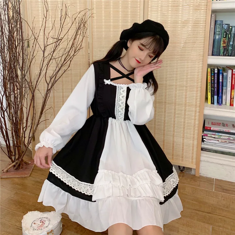 Kawaii/платье в японском стиле «Лолита»; мягкое милое Повседневное платье для девочек с короткими рукавами; студенческое летнее платье