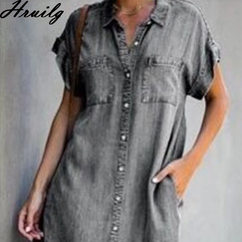 

Vintage Dress Short Sleeve Single Breasted Turn-down Collar Denim Dress Pockets Fashion Streetwear Casual Mini Dress Female