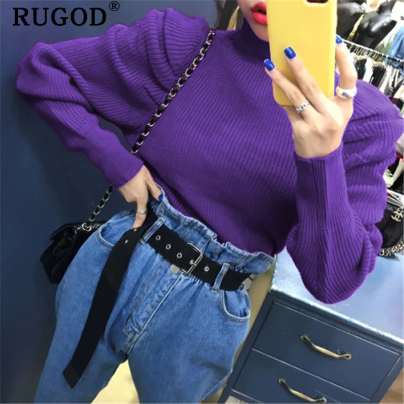 RUGOD винтажный однотонный вязаный женский свитер модный круглый вырез пышные