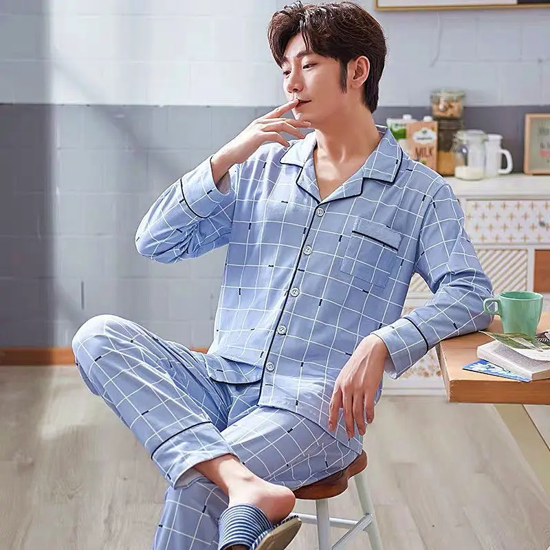 Men's Pajamas Set Large Size Plaid Male PJs Sleepwear Long Sleeves Loose Home Clothes For Man Soft Cotton Sleep Lounge Wear Suit