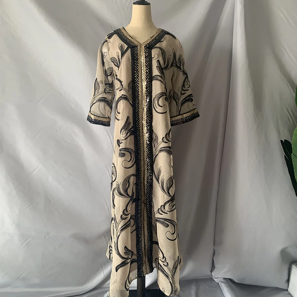 Мусульманское платье Дубай блестки вышивка V-образный вырез абайя арабский