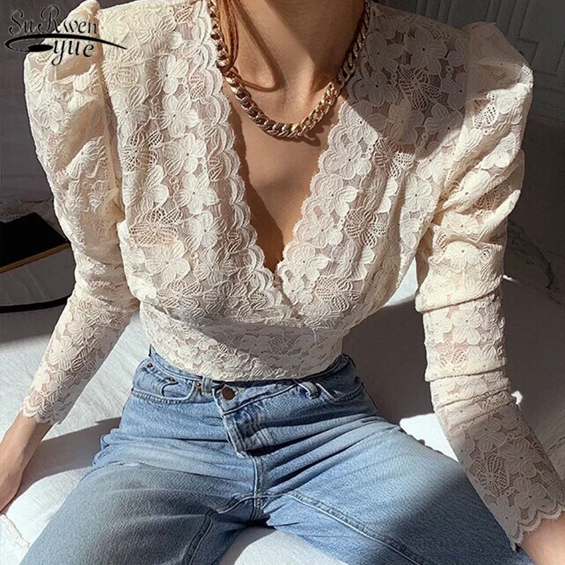 

V-neck Long Sleeve Lace Shirt Women Fashion Shirts Sexy Lace Blouse Vintage See Through Puff Sleeve Chic Blusas Mujer 13470