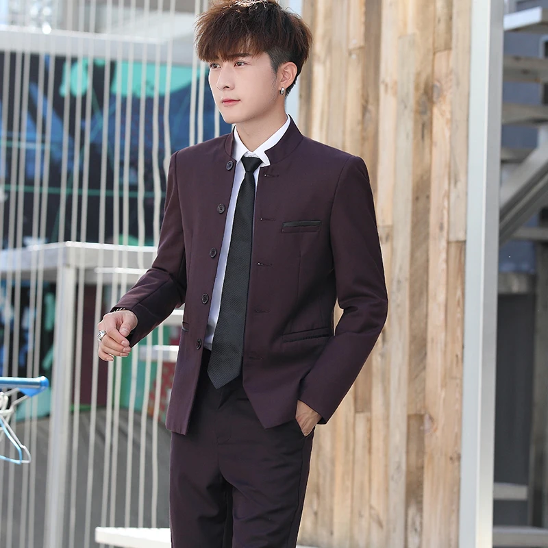 

White stand collar mens 2-piece set (jacket+pants) Spring and Autumn slim men suit jacket and trousers black blue red Blazer 4xl