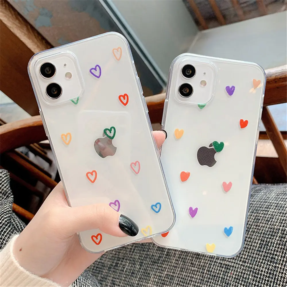 

Transparent Cute Love Heart Soft Phone Case For iPhone 11 Pro Max 12 Mini X XS XR 7 8 Plus SE 2020 Candy Color Clear Back Cover