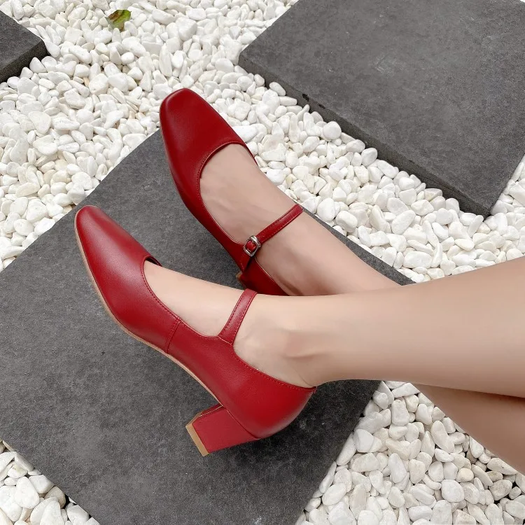 

MLJUESE 2021 Women Pumps Cow leather Autumn Spring Wine red color Mary Janes Square toe female High heels pumps size 40