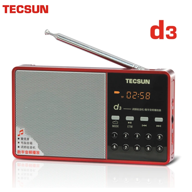 TECSUN D3 радио FM с USB портативный динамик MP3 экраном и перезаряжаемой батареей