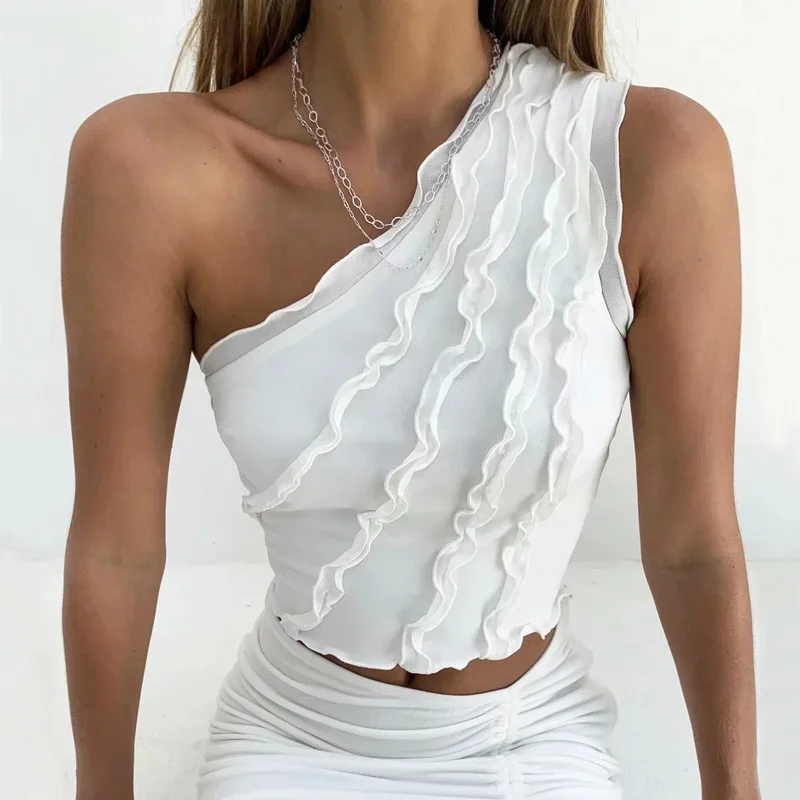 

Women One Shoulder Frill Detail Crop Top A337