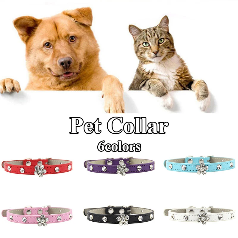 

Rhinestone Flower Pet Collar Dogs Cats PU Leather Neck Collar Supply Safety Buckle Crystal Rhinestone Neck Ring Neck Strap New