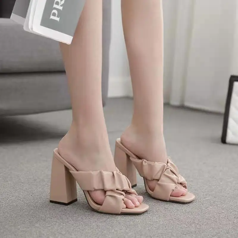 

Summer Women 2021 Sexy Pleated Ladies Slippers Summer Fashion Party High Heels Shoes Party Sandals Metal Shoes Slippers Pumps