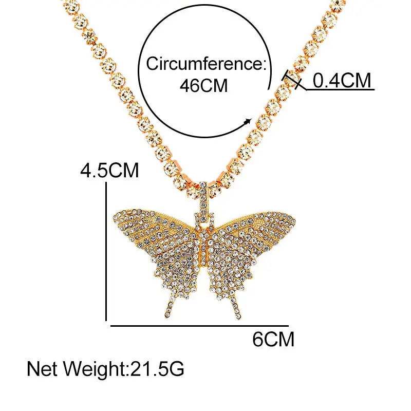 

Fashion Colorful Large Butterfly Neck Necklace Pendant For Women Trendy Bling Crystal Chain Necklaces Hip Hop 2021 New Jewelry