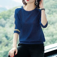 o neck short sleeve bright silk knitted t shirt women thin side stripe pullover female plus size 4xl summer loose knitwear tops