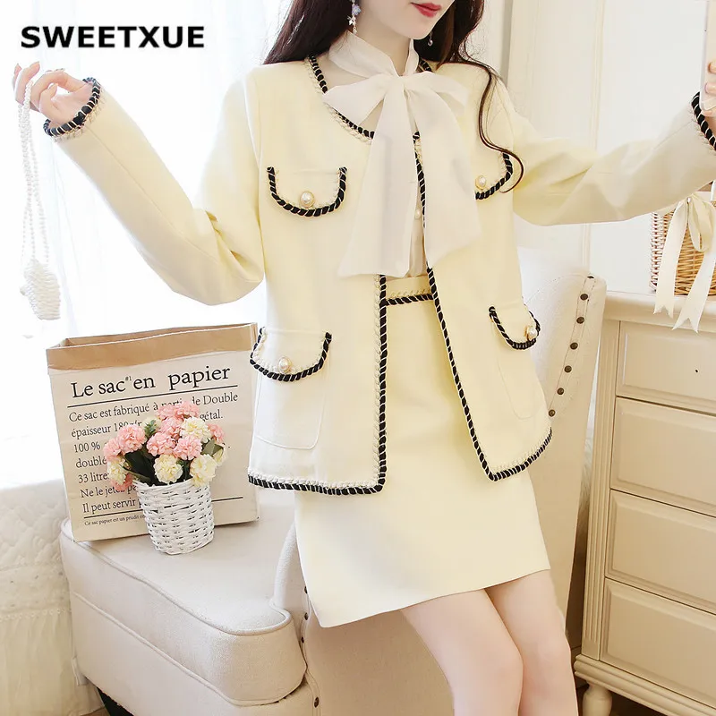 SWEETXUE осень 2019 новое пальто короткая юбка женский костюм бант шифоновая рубашка