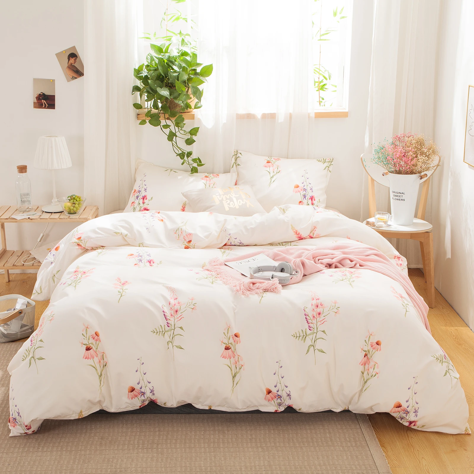

Белые цветочные постельные принадлежности, Комплект постельного белья с розовыми цветами, пододеяльник с принтом розовых цветов лаванды, ботанические деревенские прямые поставки, комплекты постельного белья