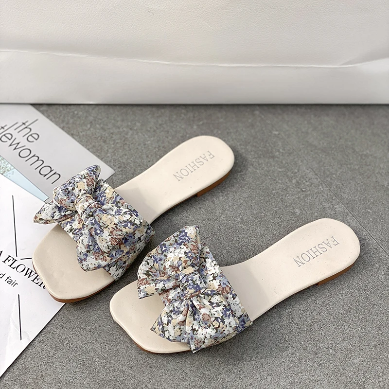 

Women Bohemian Slippers Elegant Slippers Cotton Fabric Ruffles Flowers Plaid Print Casual Outdoor Slides Lovely Ladies Shoes