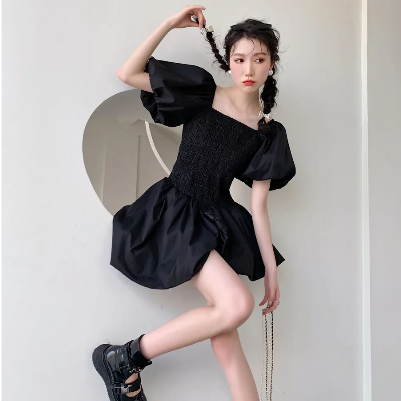 

Kimotimo Black Puff Sleeve Dress Women Korean Chic Temperament Waist Folds Design A Line Mini Dresses 2021 Summer Minority Femme