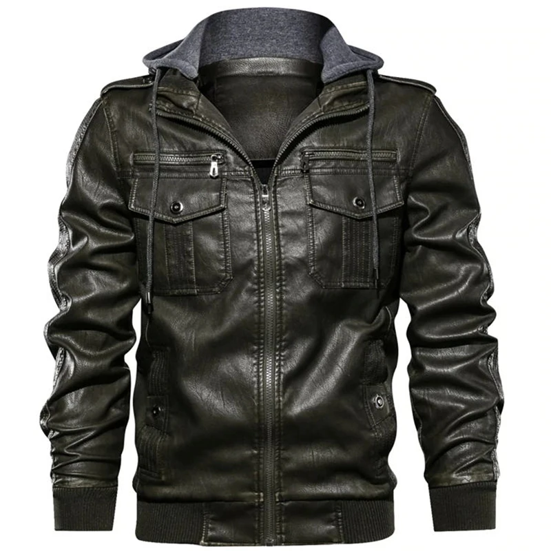 

EU Size Newest Mens Leather Jackets Autumn Winter Vintage Pockets Motorcycle Leather Jacket Men Hooded Biker Coat
