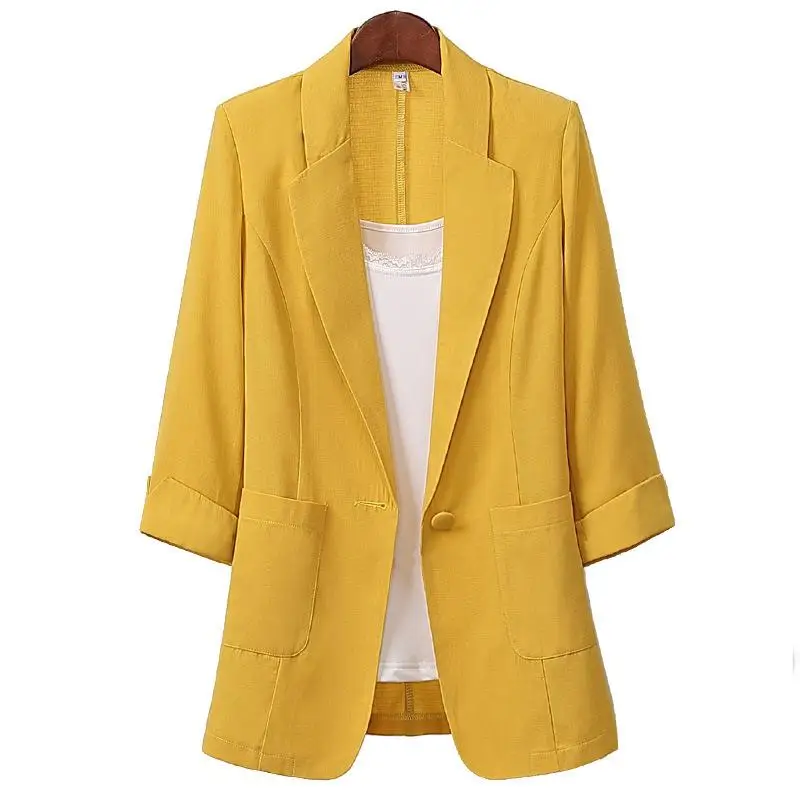 

MISSKY Women Blazers Solid Color Summer Spring Coat Cotton Linen Medium Long Loose Suit Jacket Female Tops New
