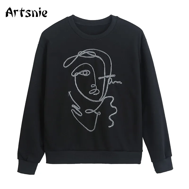 

Artsnie Streetwear Casual Character Cartoon Sweatshirt Women Winter O Neck Long Sleeve Hoodies Autumn Knitted Black Sweatshirts