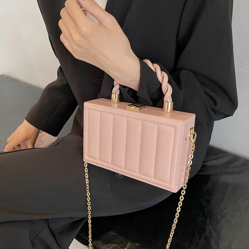 

New Fashion Minimalist Women Handbag Chain Shoulder Box Bags Creative Solid Color Braided Handle Exquisite Lady Messenger Bag