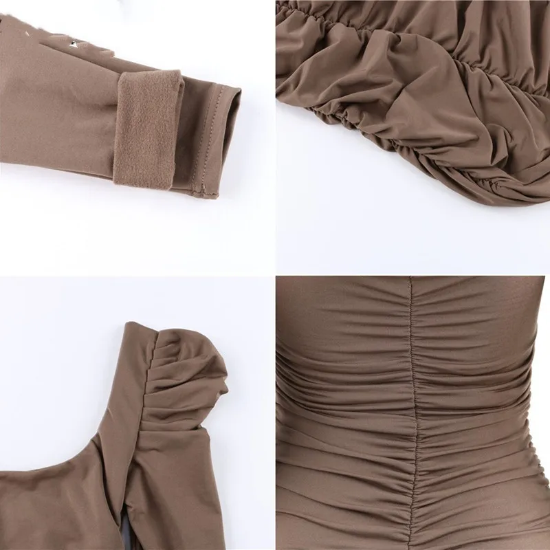 

OneLineFox Puff Sleeve Square Collar Bodycon Party Dress Autumn Basic Wrap Ruched Slim Winter Fashion Club Sexy Mini Dress Woman
