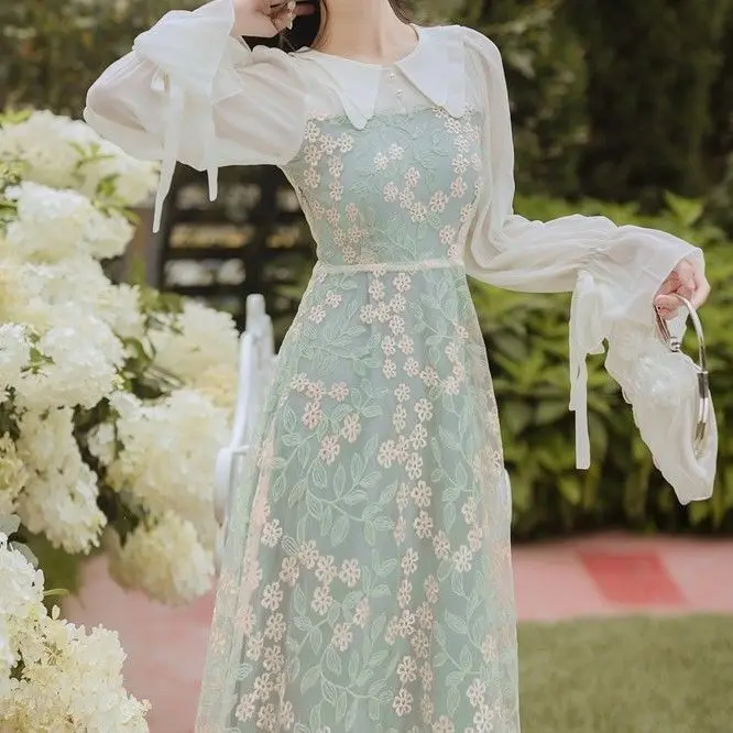 

Female Designer Fairy One Piece Dress Korean 2020 Autumn Vintage Dress Elegant Butterfly Long Sleeve Floral Midi Dress