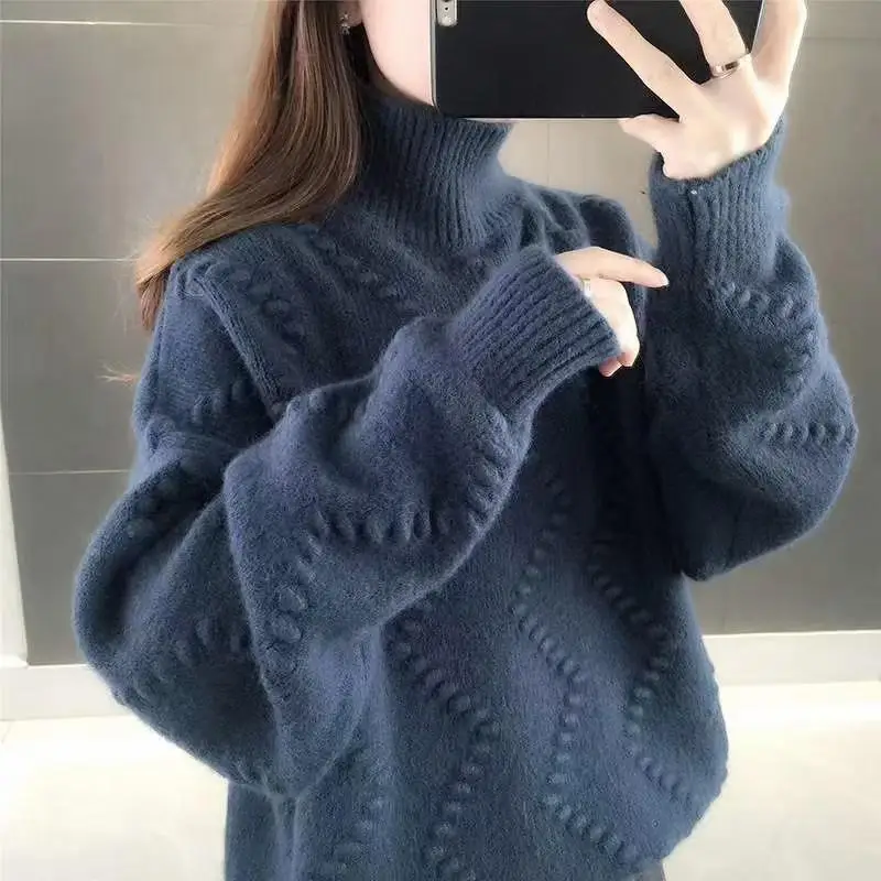 

Wavy single layer high neck thick Pullover Sweater for women's winter new lazy sweater top